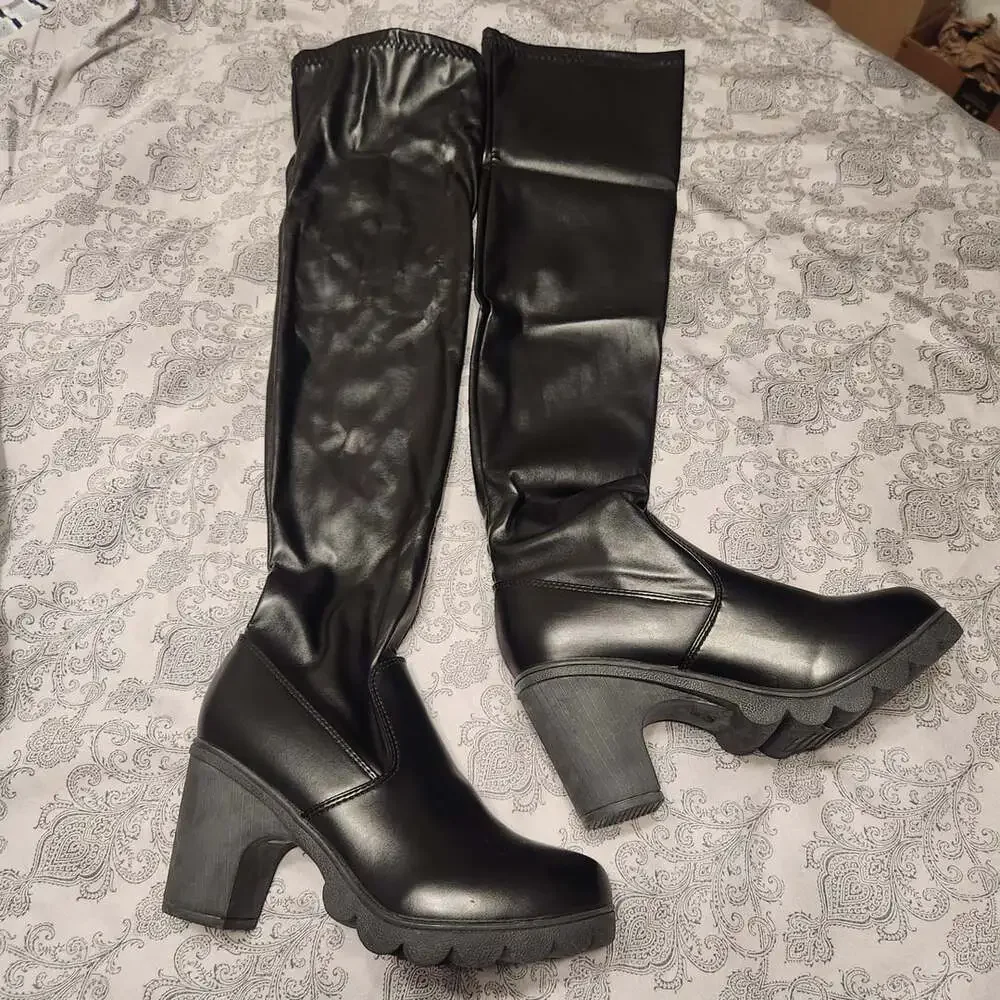 Women's Black PU Leather Over-the-Knee Chunky Block Heel Platform Boots